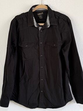 Helix Black Long-Sleeve Button Shirt with Chest Pockets Shoulder Epaulets Large
